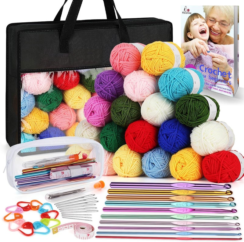 Aeelike Crochet Yarn for Crocheting, 1093 Yards Acrylic Yarn for Knitting,Full Crochet Kits for Beginners and Professionals, Aluminum Crochet Hooks, Instruction Book and Black Storage Bag - Image 1